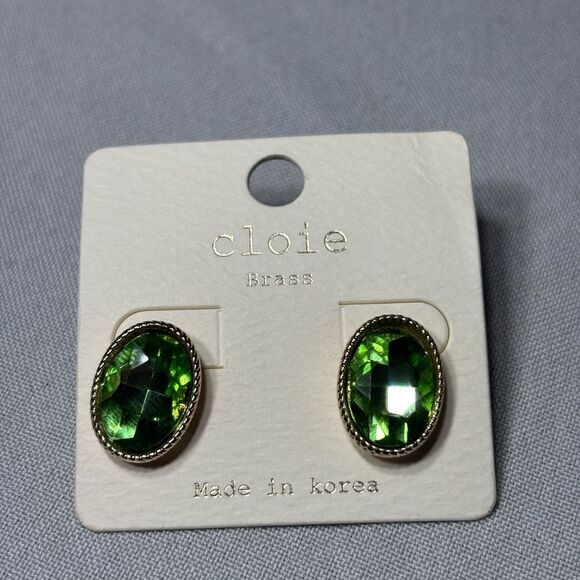 New! Cloie Brass Green Oval Gemstone Earrings - Picture 1 of 4
